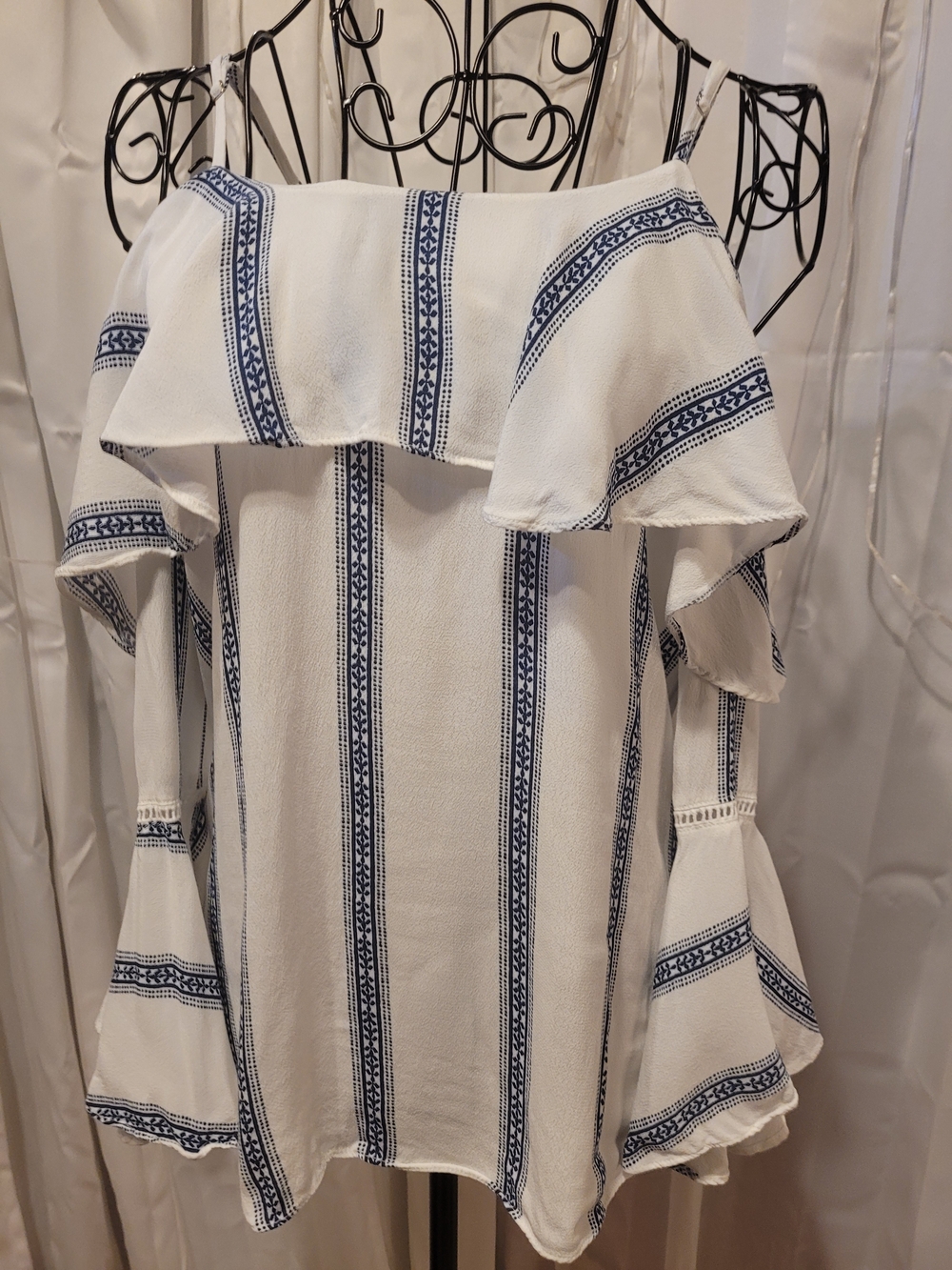 Miss Me White Off-Shoulder Top with Blue Stripe Trim
